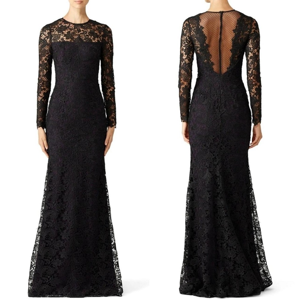 Black Lace Mesh Back Gown Plum Lining ML Monique Lhuillier size 16 EUC